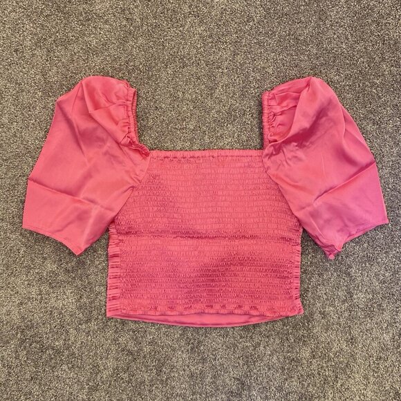 Express Women's Satin V-Bar Puff Sleeve Ruched Pleated Top Pink Size XS NWT $58 - Picture 10 of 16